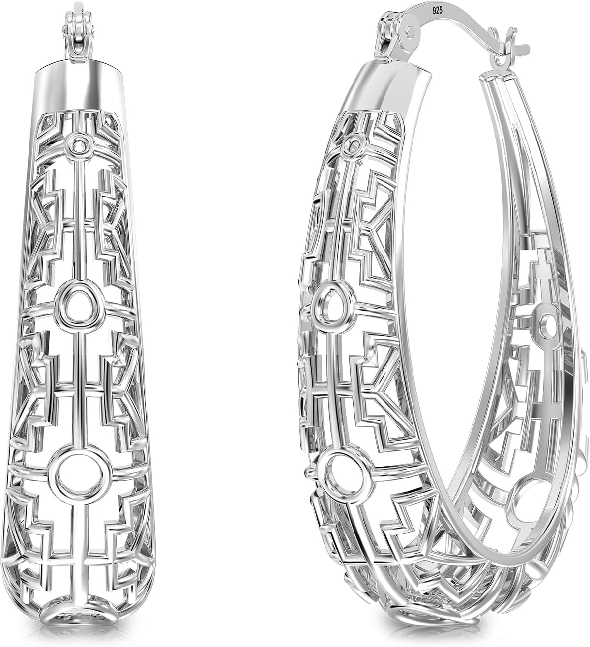Women's 925 Sterling Silver Filigree Hoop Earrings - Openwork Mesh Cut, Lightweight Vintage Hoops for Everyday Wear - Ro