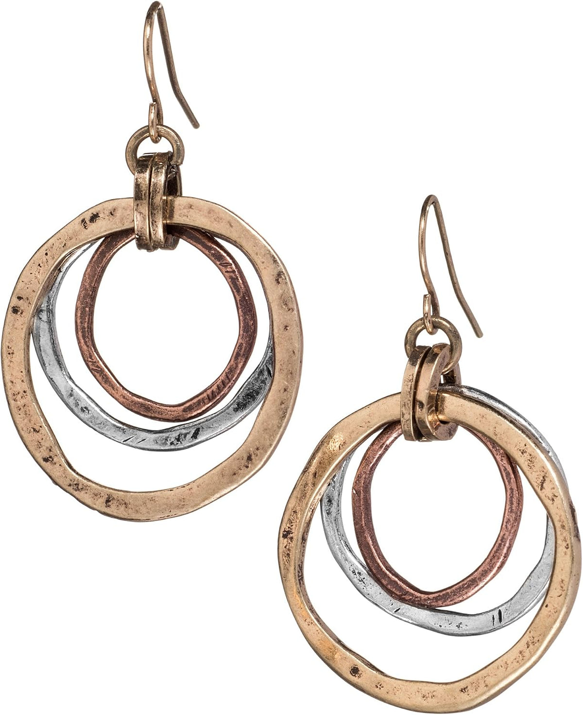 Women's Hammered Mixed Metal Dangle Earrings - Brass, Copper and Silver Tone Circles, Lightweight Coastal Drops - Standa