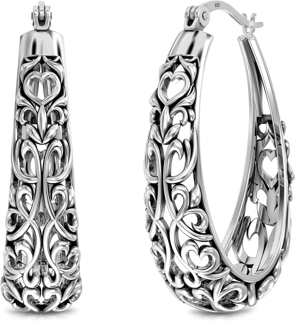 Women's 925 Sterling Silver Filigree Hoop Earrings - Openwork Mesh Cut, Lightweight Vintage Hoops for Everyday Wear - Ro