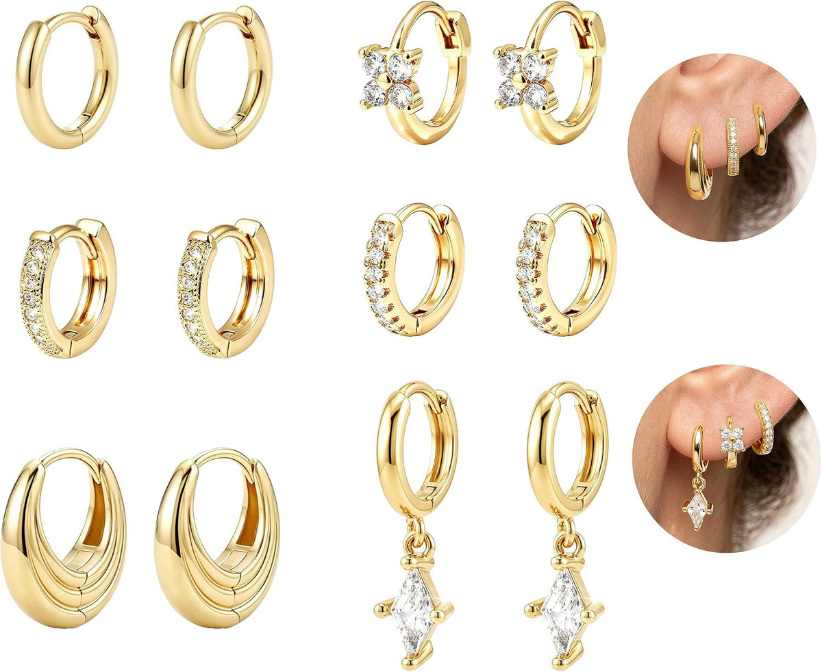 Chunky Huggie Hoop Earring Set - 14K Gold Plated, Up to Eighteen Pairs for Stacking