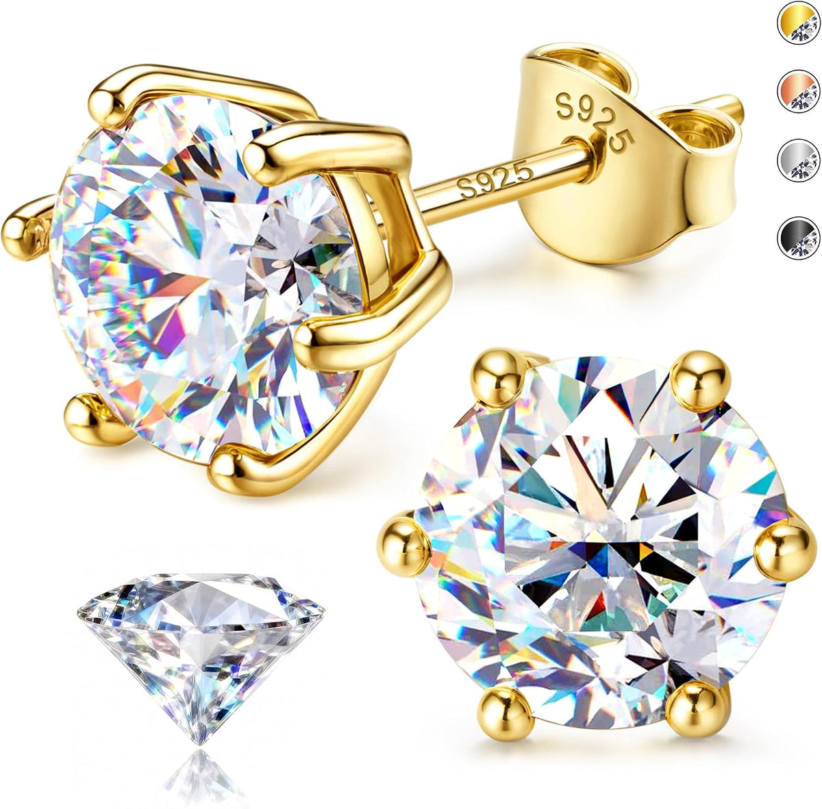 Unisex Moissanite Stud Earrings - Round Brilliant Cut in Four or Six Prong 925 Silver, Nine Finishes and Ten Stone Sizes