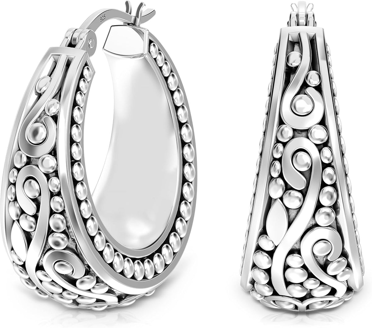 Women's Bali Style Beaded Hoop Earrings - 925 Sterling Silver, Click Top Closure, Antique Two Tone Finish for Daily Wear
