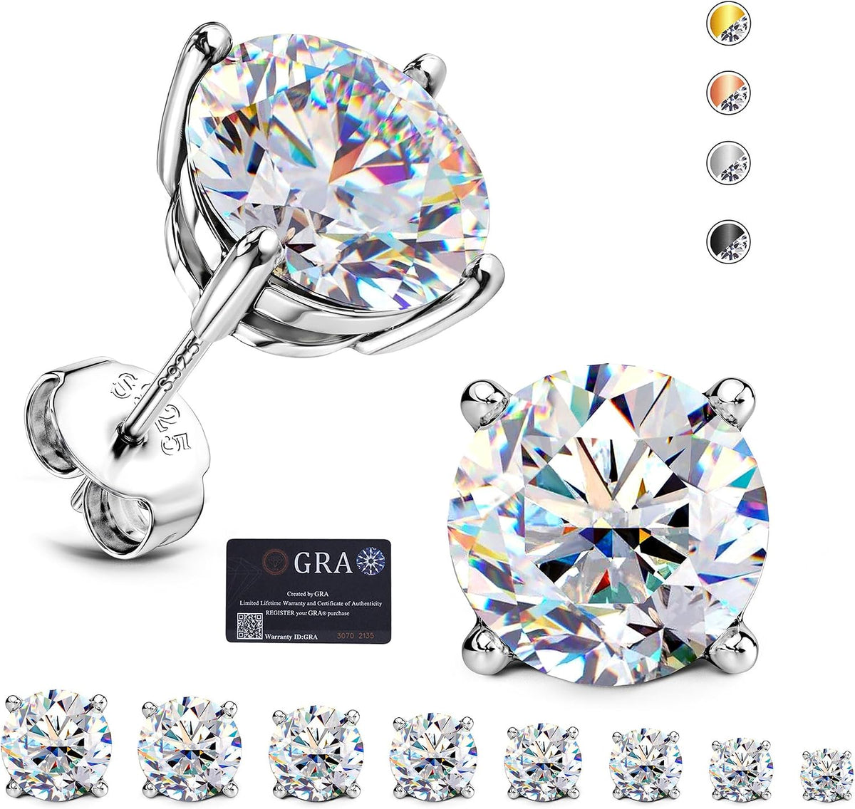 Unisex Moissanite Stud Earrings - Round Brilliant Cut in Four or Six Prong 925 Silver, Nine Finishes and Ten Stone Sizes