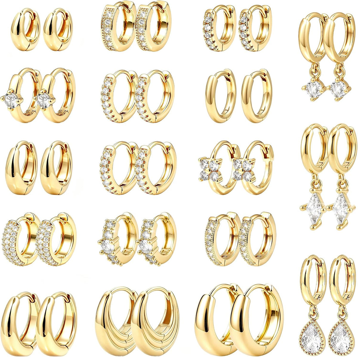 Women's Chunky Huggie Hoop Earring Set - 14K Gold Plated, Up to Eighteen Pairs for Stacking Multiple Piercings - Gold-12