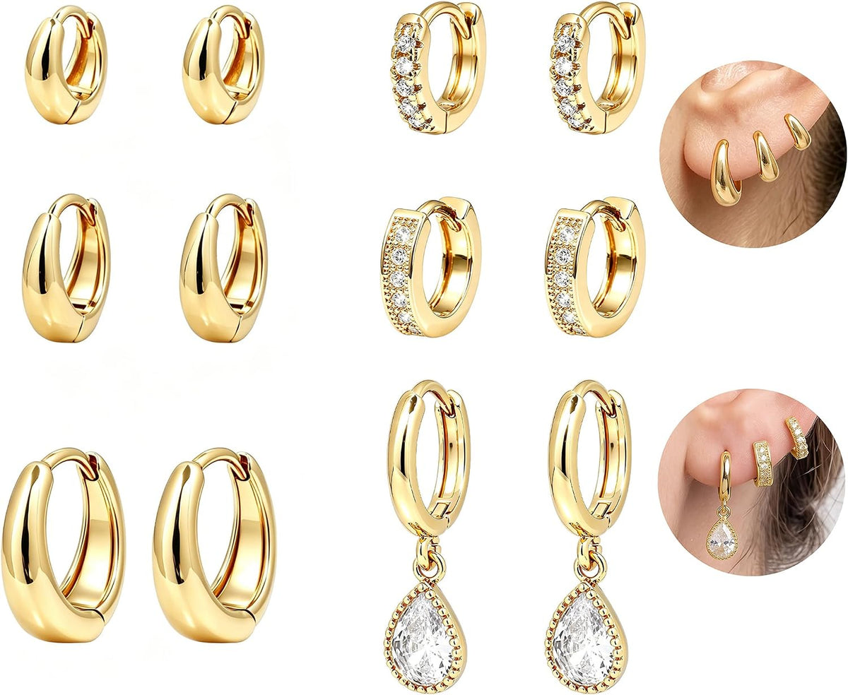 Women's Chunky Huggie Hoop Earring Set - 14K Gold Plated, Up to Eighteen Pairs for Stacking Multiple Piercings - Gold-6 