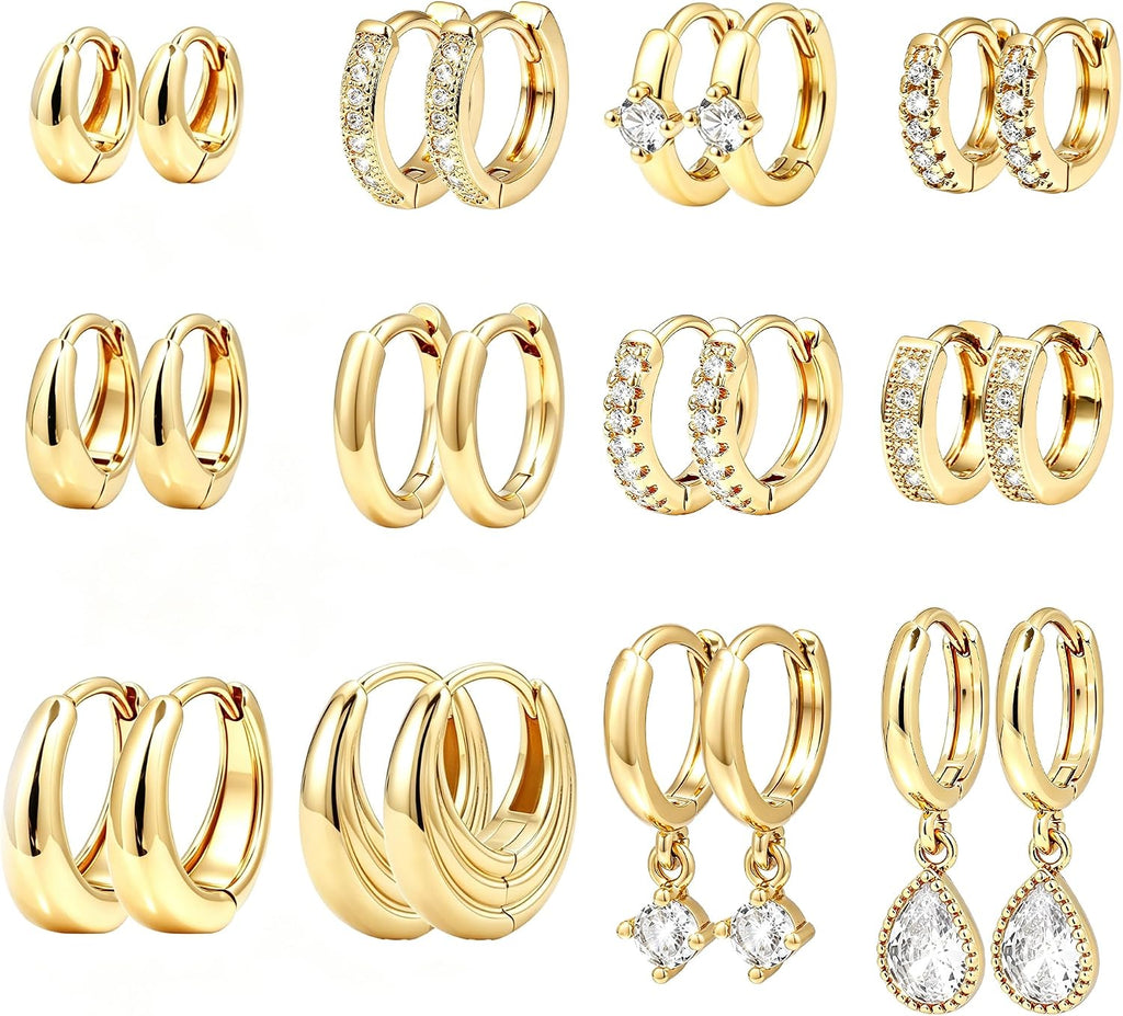 Women's Chunky Huggie Hoop Earring Set - 14K Gold Plated, Up to Eighteen Pairs for Stacking Multiple Piercings - Silver-